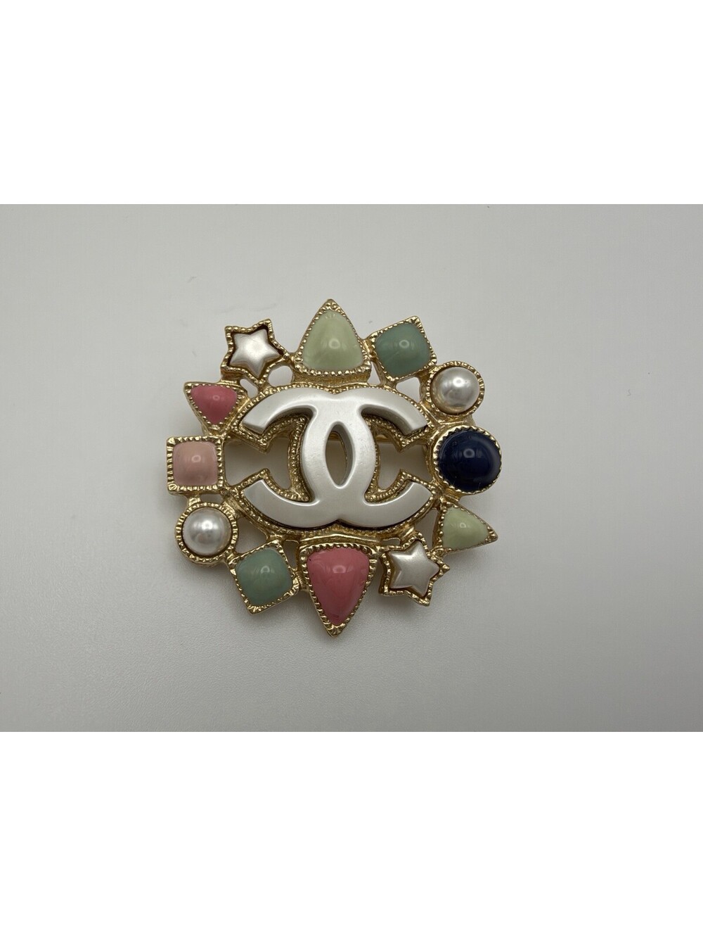 Authentic Chanel CC Geometric Brooch Multi Shape Stones Pastel Colors Logo COA